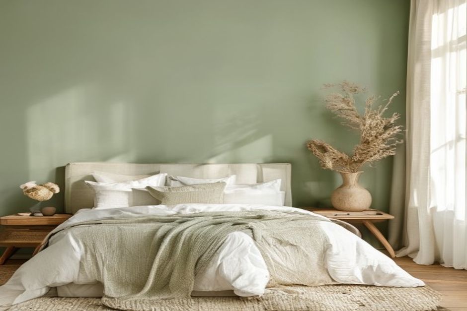 Bedroom 3D visualization with upholstered green headboard and warm neutrals