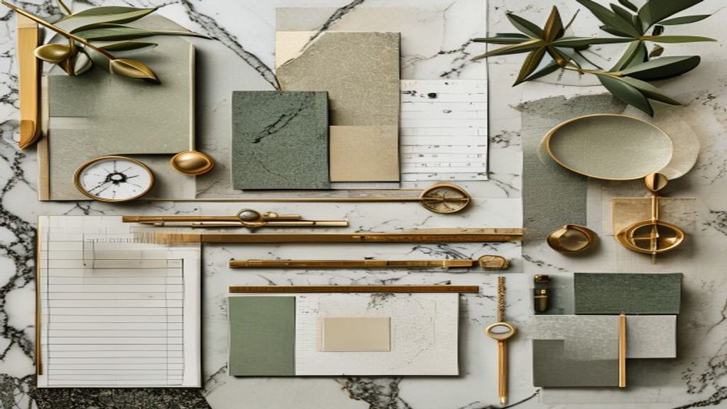 Interior design mood board with material samples, palette and furniture references
